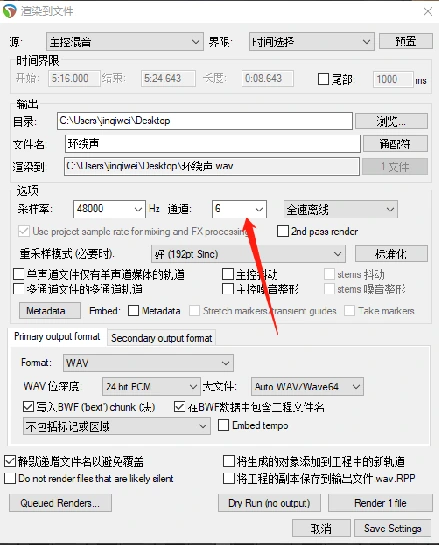 Reaper 导出时设置 6 个通道